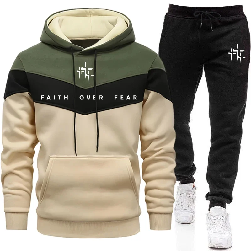 Winter Clothing Hoodie - ชุดวอร์มผู้ชาย Faith Over Fear เสื้อฮู้ดและกางเกงจ็อกเกอร์ แฟชั่นสไตล์เมือง