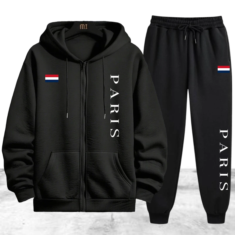 Winter Clothing Equipment - ชุดวอร์มผู้ชาย Paris Printing เสื้อฮู้ดซิปแบบลำลอง เสื้อโค้ทสำหรับกีฬาและวิ่งจ๊อกกิ้งในชีวิตประจำวัน เสื้อผ้าฤดูใบไม้ร่วงและฤดูหนาว