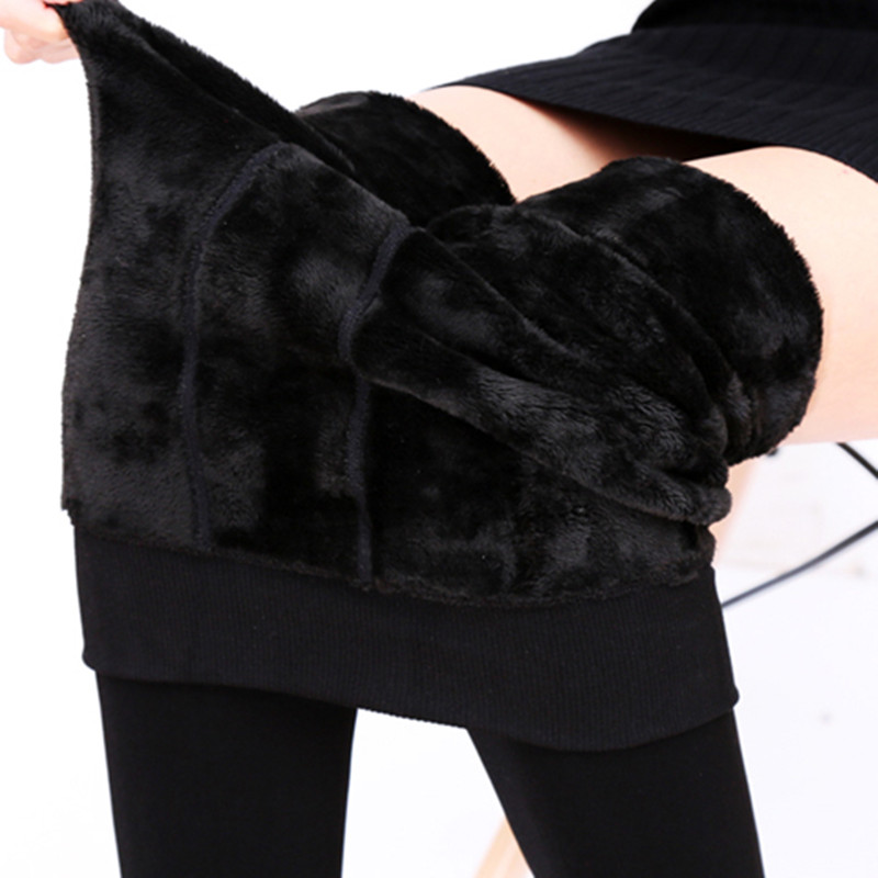 Winter Clothing Europe - ผู้หญิงฤดูหนาวกางเกงขายาว WARM Leggins เอวสูงกํามะหยี่สีทึบผู้หญิงหนากํามะหยี่ยืดกางเกงขายาวสีดํา