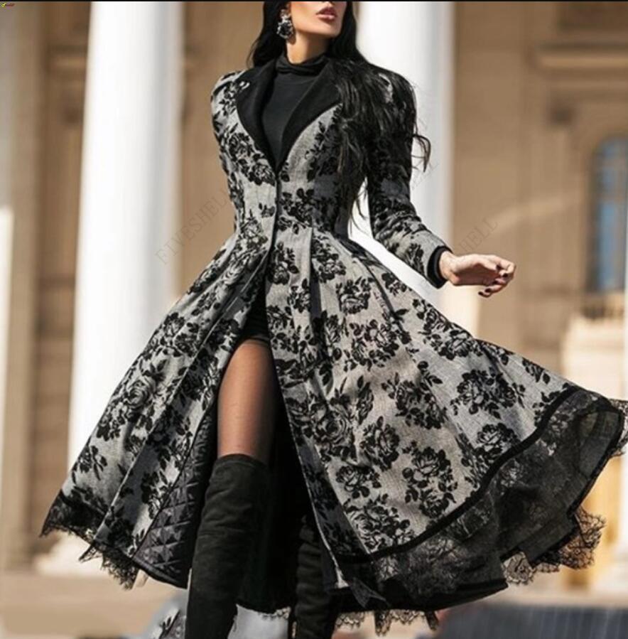 Winter Clothing Europe - ชุดสตรีฤดูใบไม้ร่วงฤดูหนาวผู้หญิงเสื้อแขนยาวยุคกลางเย็บปักถักร้อย A-Line Elegant ยาวสีดำสีเทาคอสเพลย์แฟนซีชุด