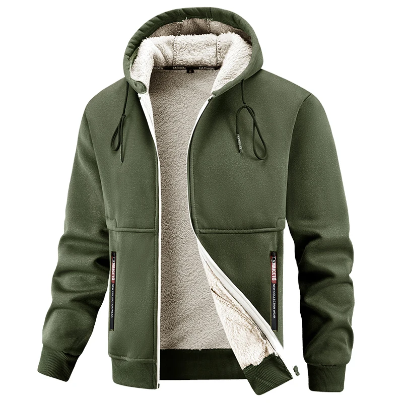 Winter Clothing Europe - เสื้อแจ็คเก็ตผู้ชายสำหรับฤดูหนาว บุขนแกะ มีฮู้ด หนา อุ่น สวมใส่สบาย