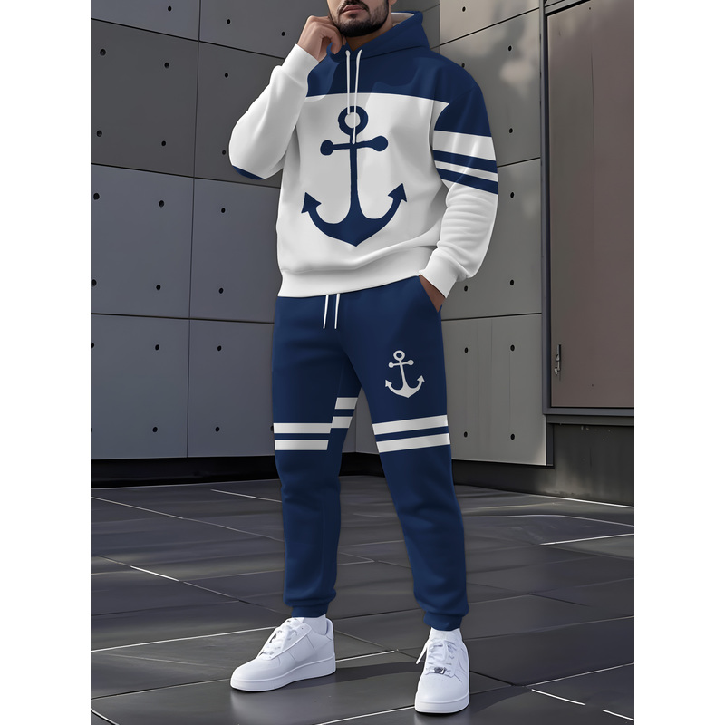 Winter Clothing Hoodie - ชุดกีฬาลำลองสำหรับผู้ชายประกอบด้วยเสื้อฮู้ดและกางเกงขายาวสีน้ำเงินขาวแบบดีไซน์บล็อกสี