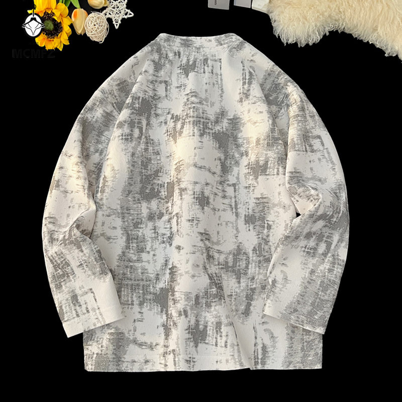 Winter Cloth - เสื้อยืดแขนยาวผู้ชายสำหรับฤดูใบไม้ร่วง คอกลม ลายพิมพ์หมึกหินอ่อน ผ้ากำมะหยี่ เหมาะสำหรับการเดินทางและการจับคู่สไตล์