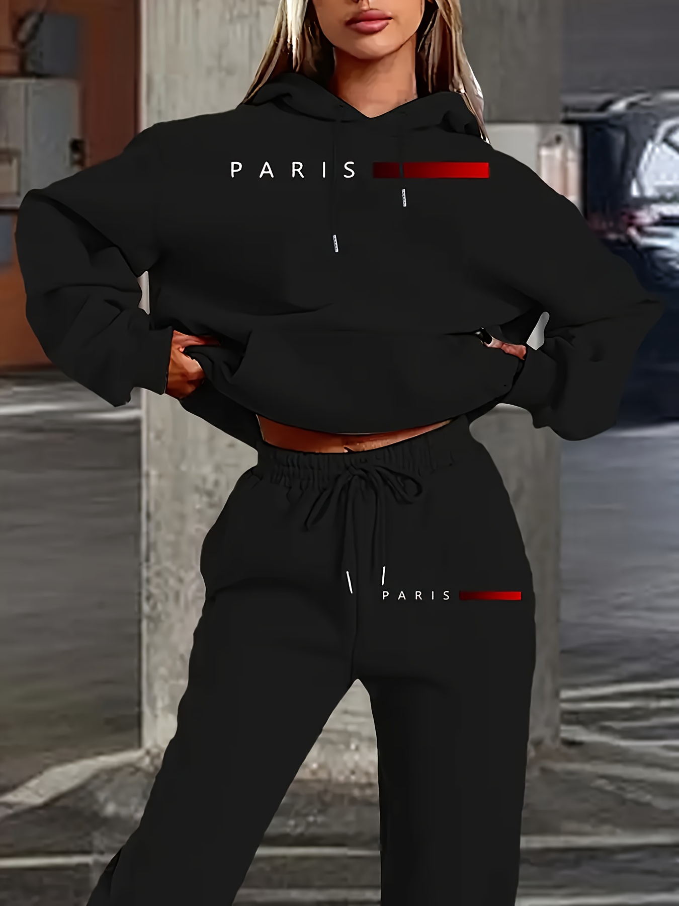 Winter Clothing Hoodie - ชุดเซ็ตใหม่สำหรับผู้หญิง เสื้อฮู้ดและกางเกง พิมพ์ลายตัวอักษร PARIS ชุดกีฬาคุณภาพสูง สำหรับฤดูใบไม้ผลิและฤดูใบไม้ร่วง