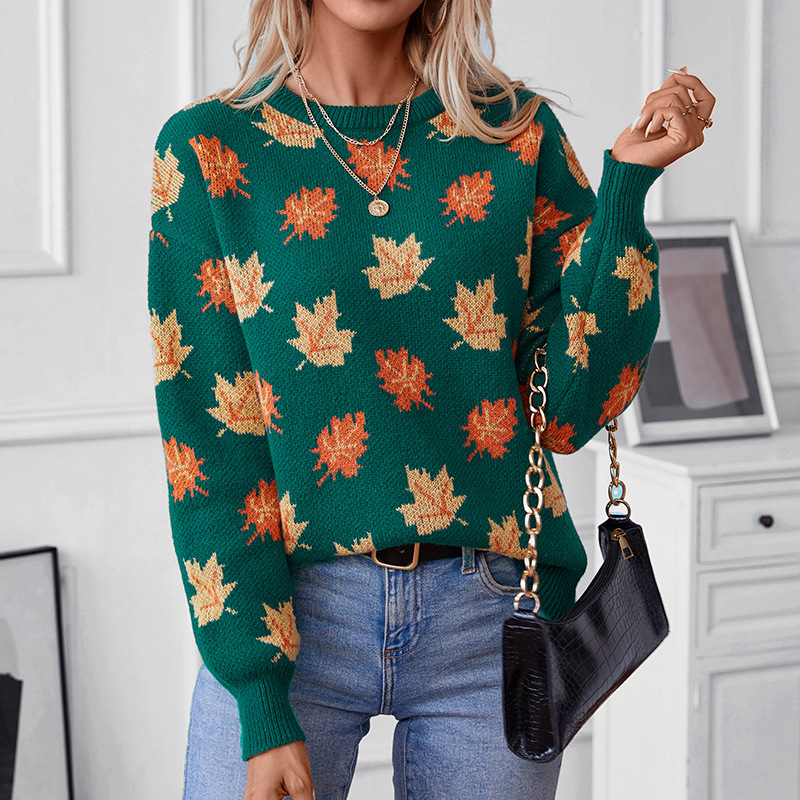 Winter Clothing Europe - เสื้อกันหนาวฤดูใบไม้ร่วงฤดูหนาวลายใบเมเปิลแจ็คการ์ดเสื้อสวมหัวลำลองเสื้อถักเสื้อผ้าผู้หญิงยุโรปสหรัฐอเมริกา