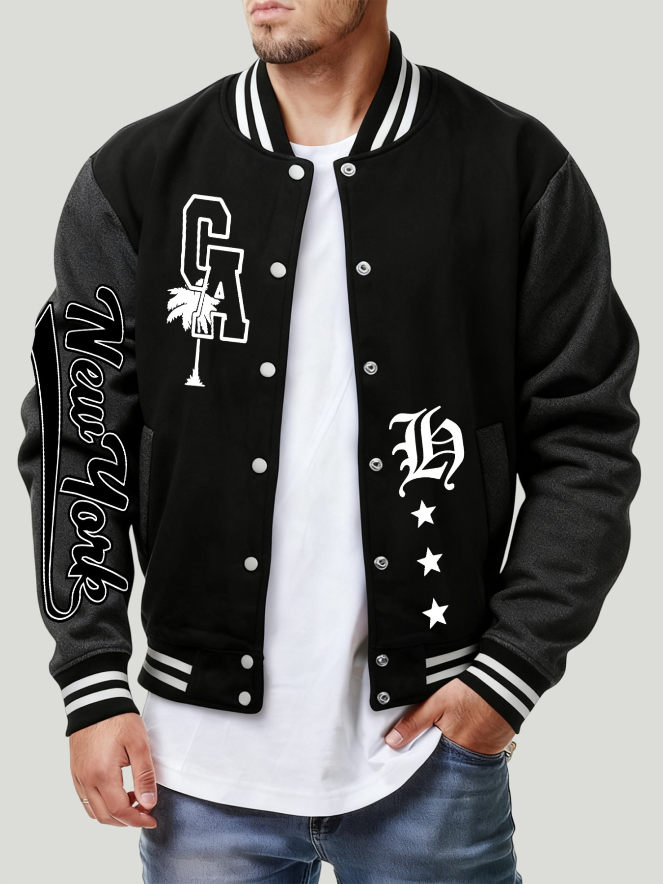 Winter Clothing New York - เสื้อแจ็คเก็ตเบสบอลลายดาว New York Letter Ca สไตล์ลำลองสำหรับผู้ชาย