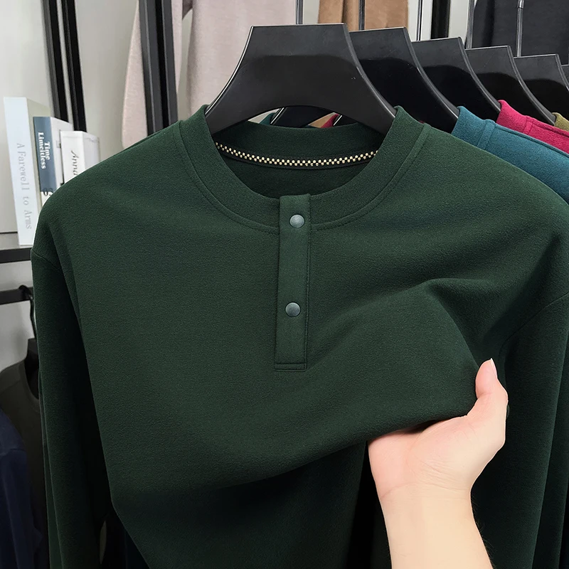 Winter Cloth - เสื้อผู้ชายทรงหลวมแบบเฮนลีย์ คอวี กระดุมสองเม็ด แขนยาว ผ้าเนื้อนุ่มให้ความอบอุ่น เหมาะสำหรับการเดินทางประจำวันและสวมใส่ลำลอง